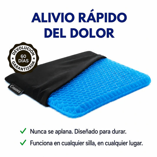 Cojín de Gel Coussea | Alivia los dolores de espalda, caderas y coxis durante largas horas sentado, en cualquier silla.